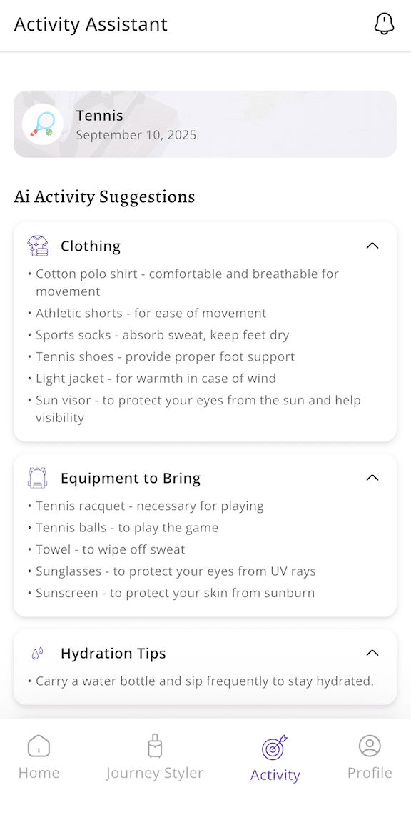Tennis activity recommendations from ClimaPal Activity Assistant